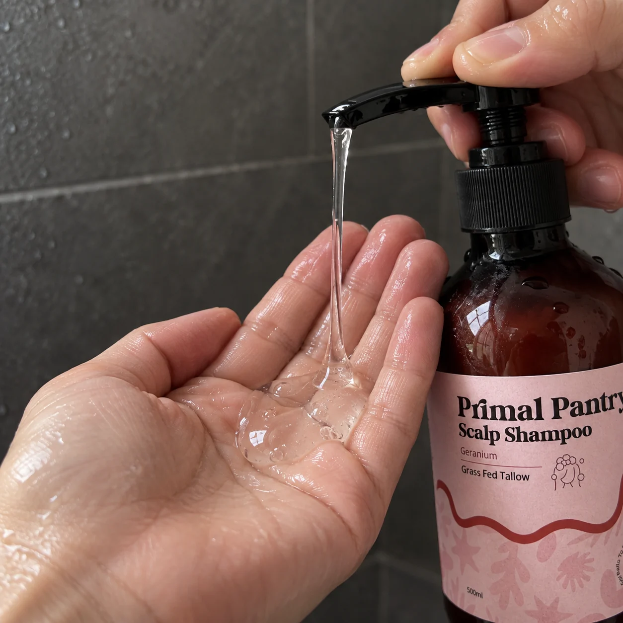 Clear shampoo gel dispensed into a wet palm