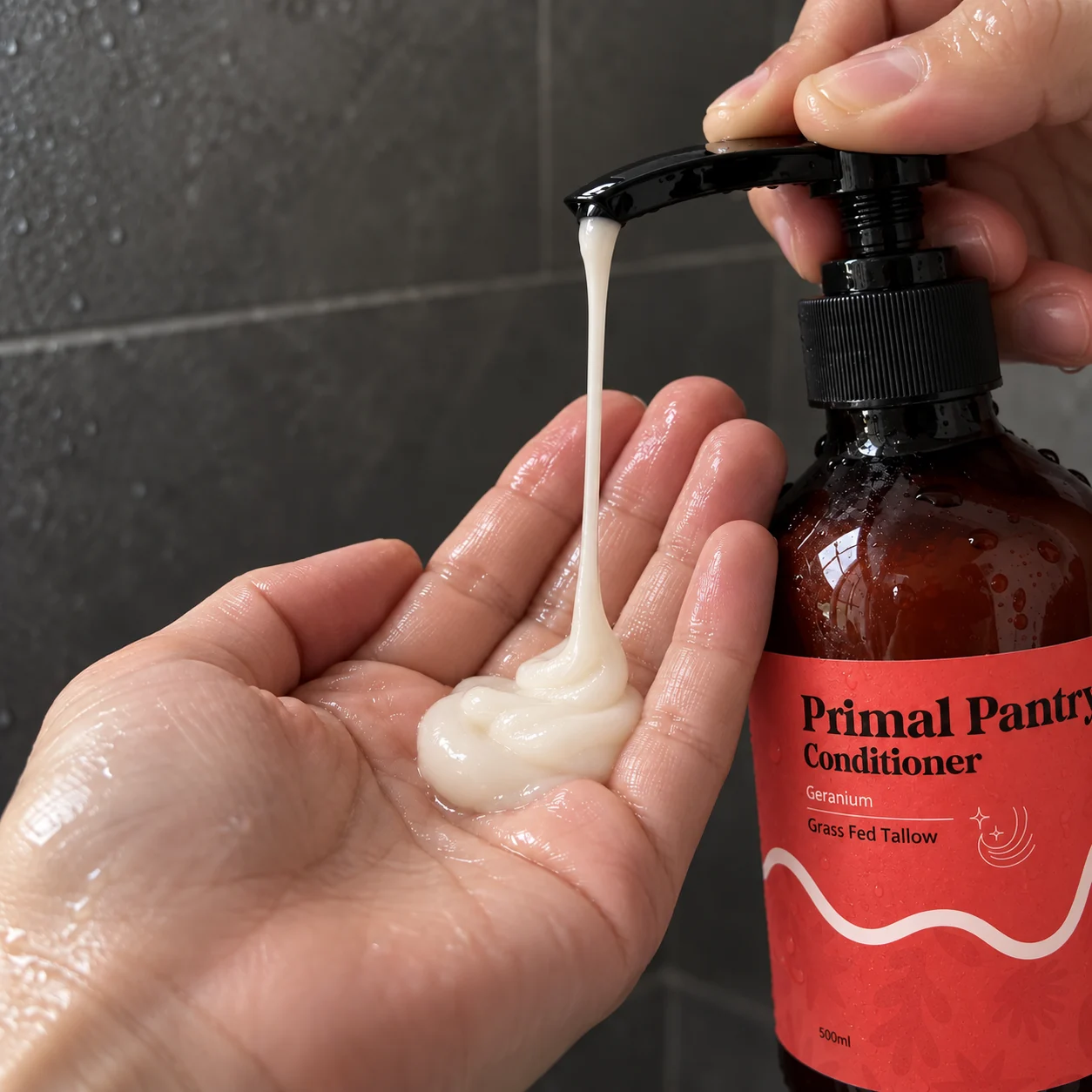 Creamy tallow conditioner dispensed into a wet palm