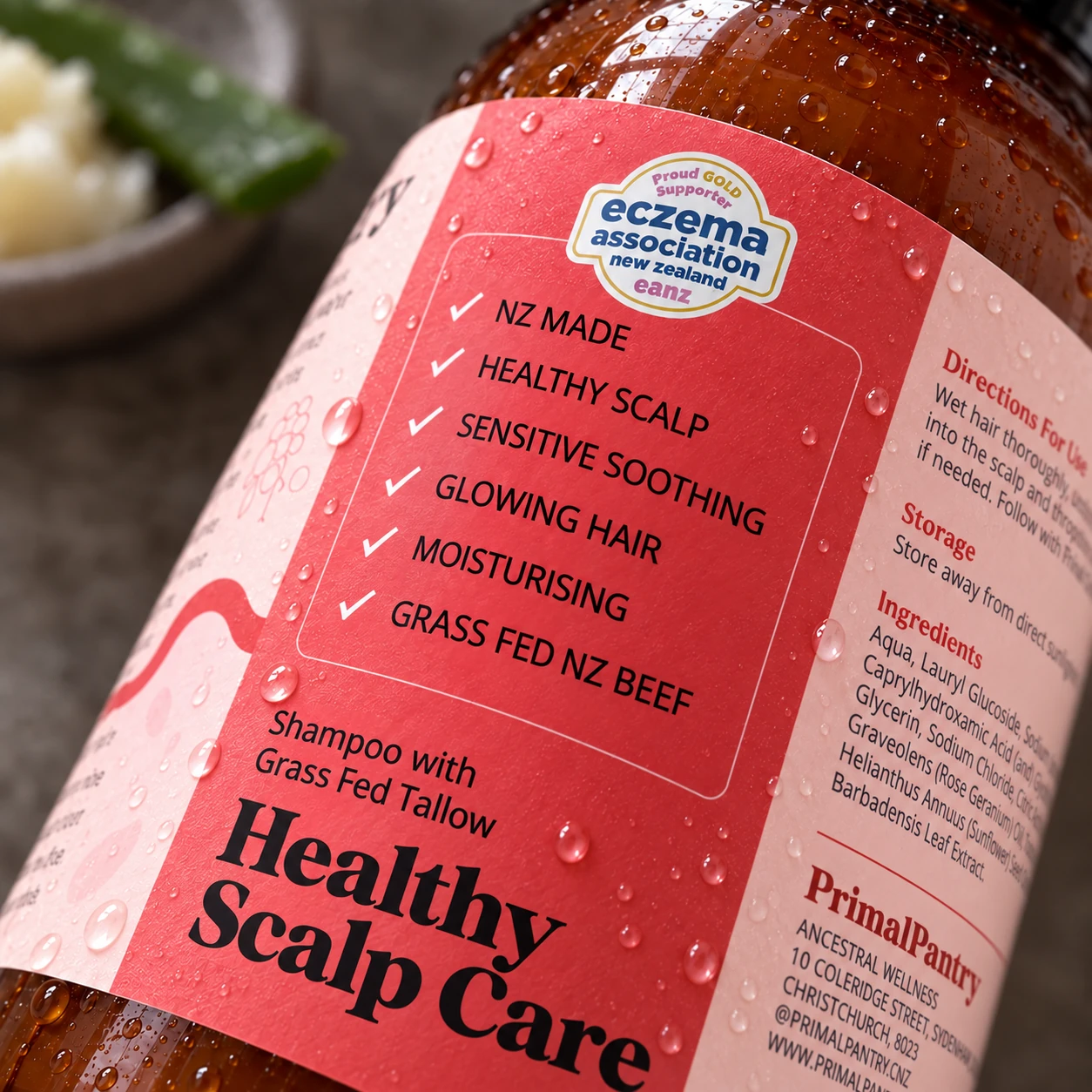 Dewy close-up of the Scalp Shampoo back label
