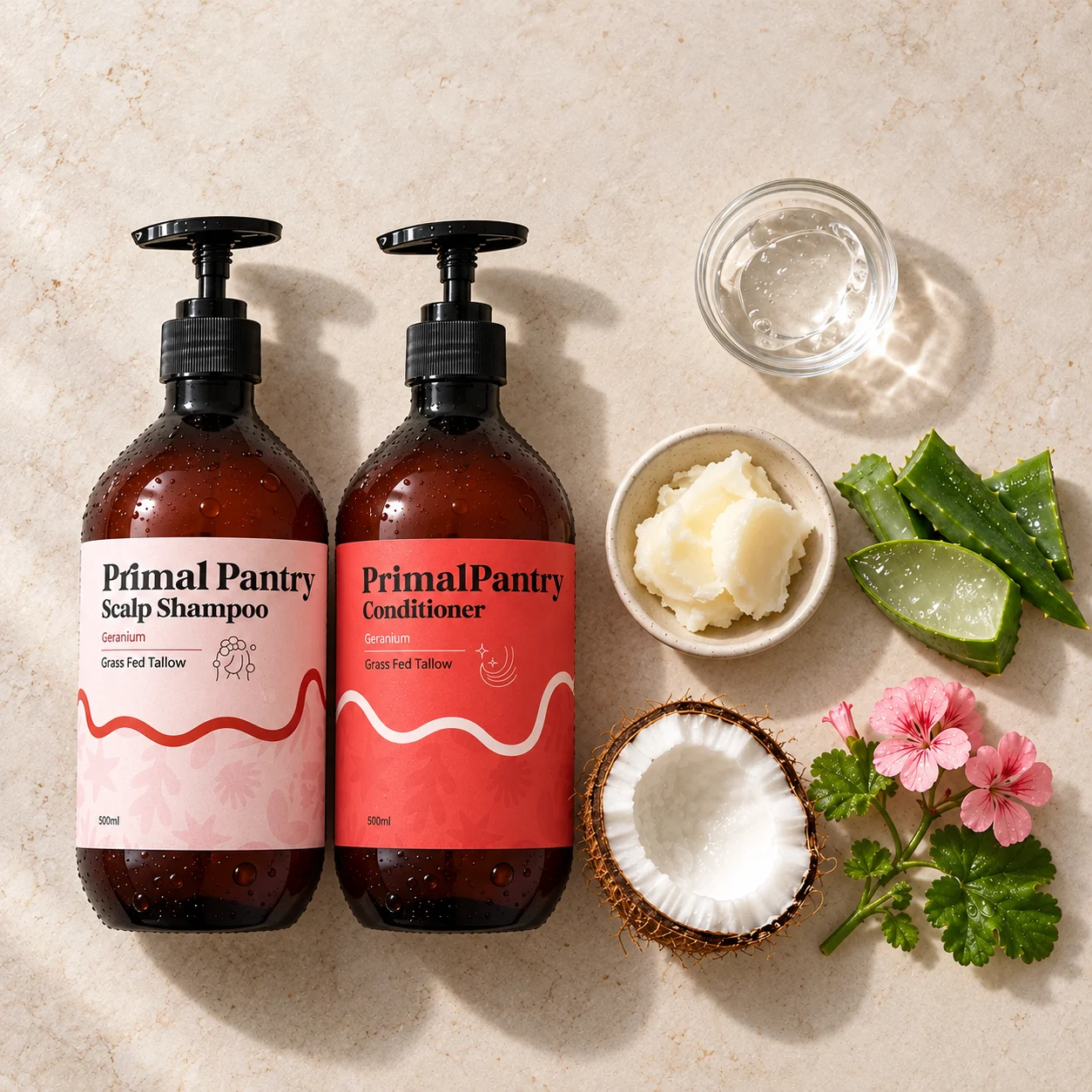 Both bottles with tallow, aloe vera, glycerine, coconut and geranium