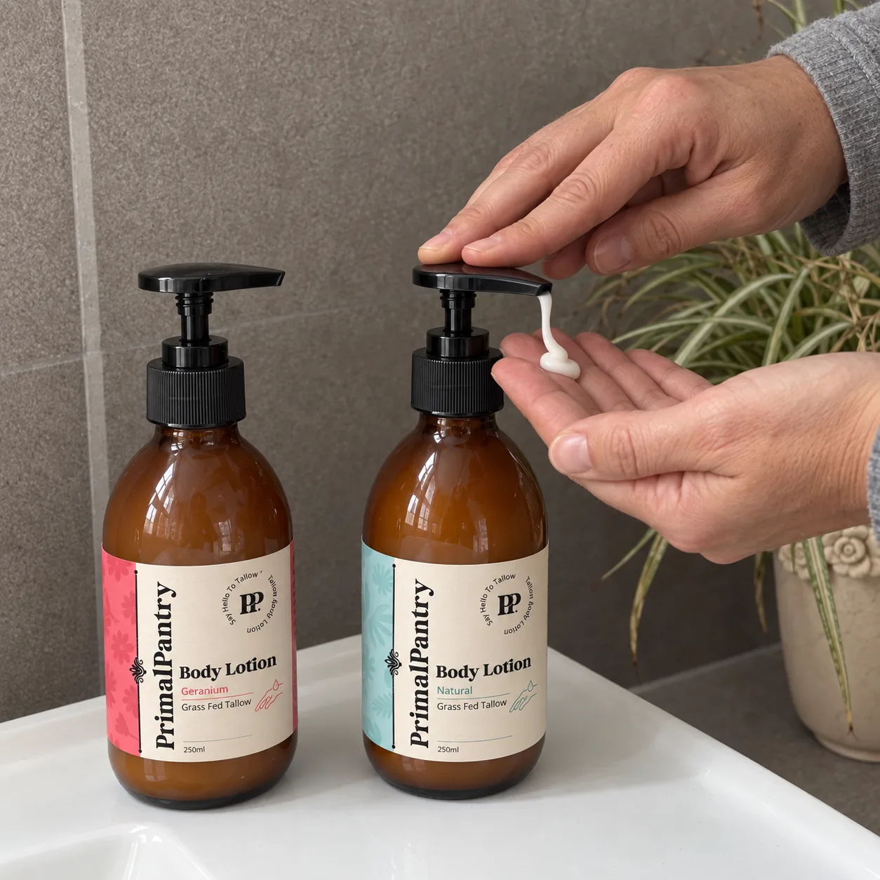 Tallow body lotion being pumped onto a hand