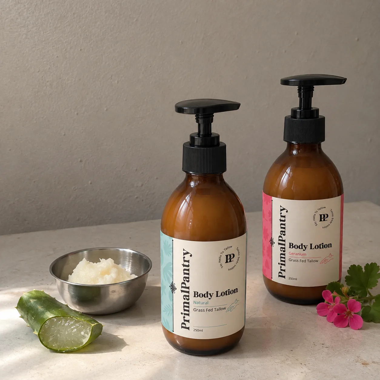 Grass-fed tallow and aloe beside Natural and Geranium lotion