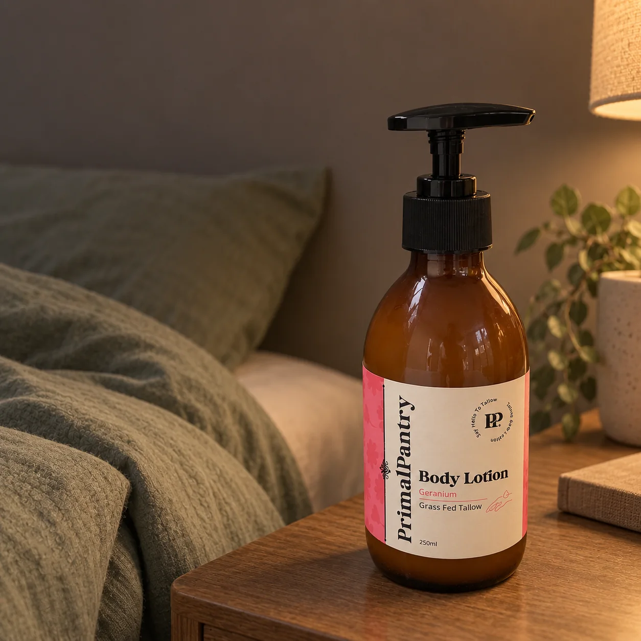 Geranium tallow lotion on a bedside table