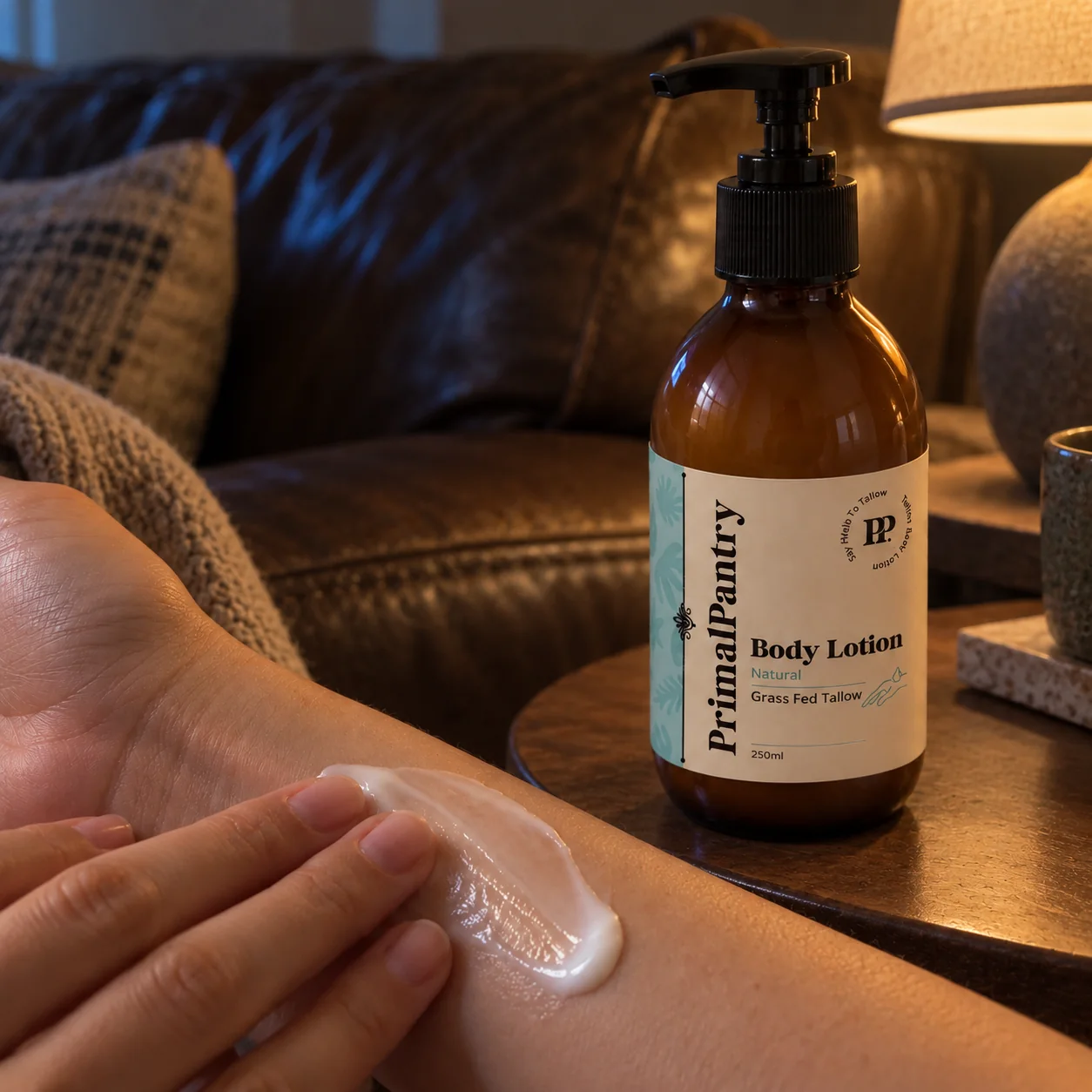Tallow lotion applied in an evening lounge
