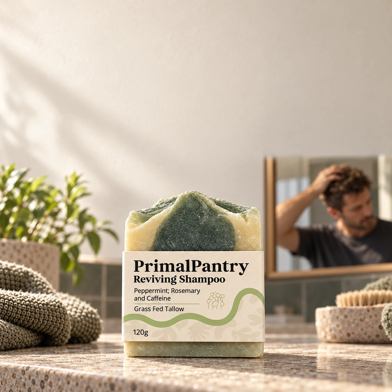Reviving Shampoo Bar in a man's morning bathroom routine