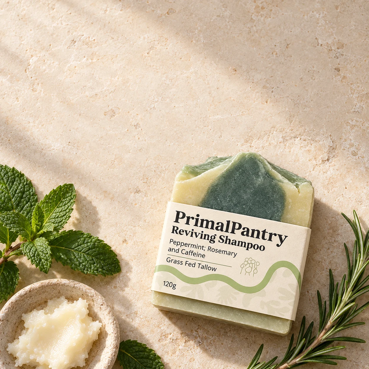 Overhead flatlay of the Reviving bar with peppermint, rosemary and tallow
