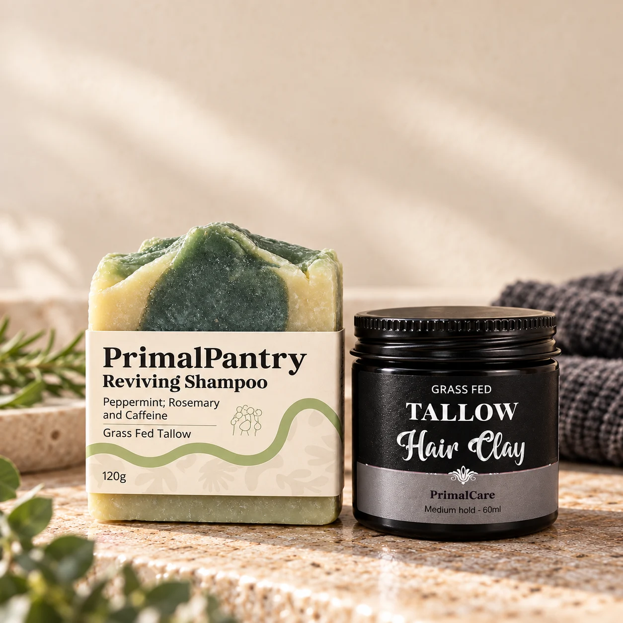 Reviving Shampoo Bar with the black 60ml Tallow Hair Clay jar