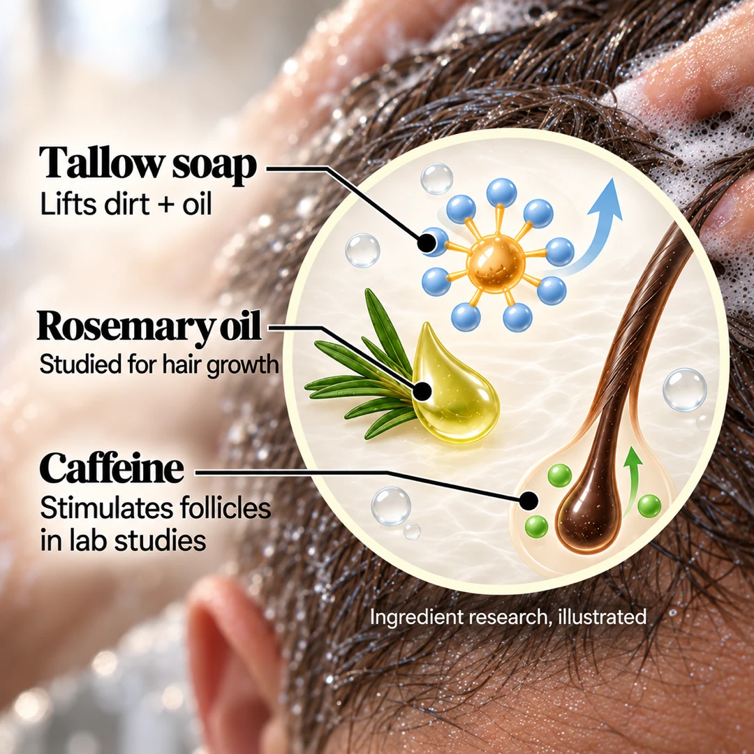 Illustrated ingredient research: tallow soap lifts dirt and oil, rosemary oil has been studied for hair growth, and caffeine stimulates follicles in lab studies