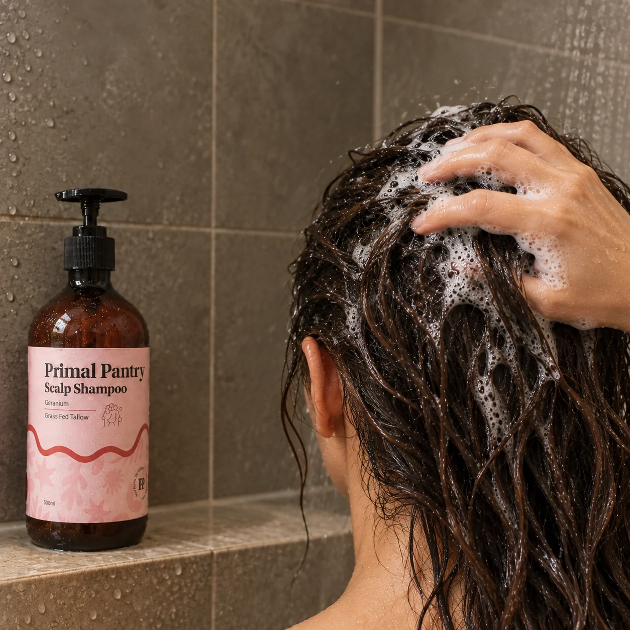 Illustrative rear-view hair wash with 500ml Tallow Liquid Shampoo