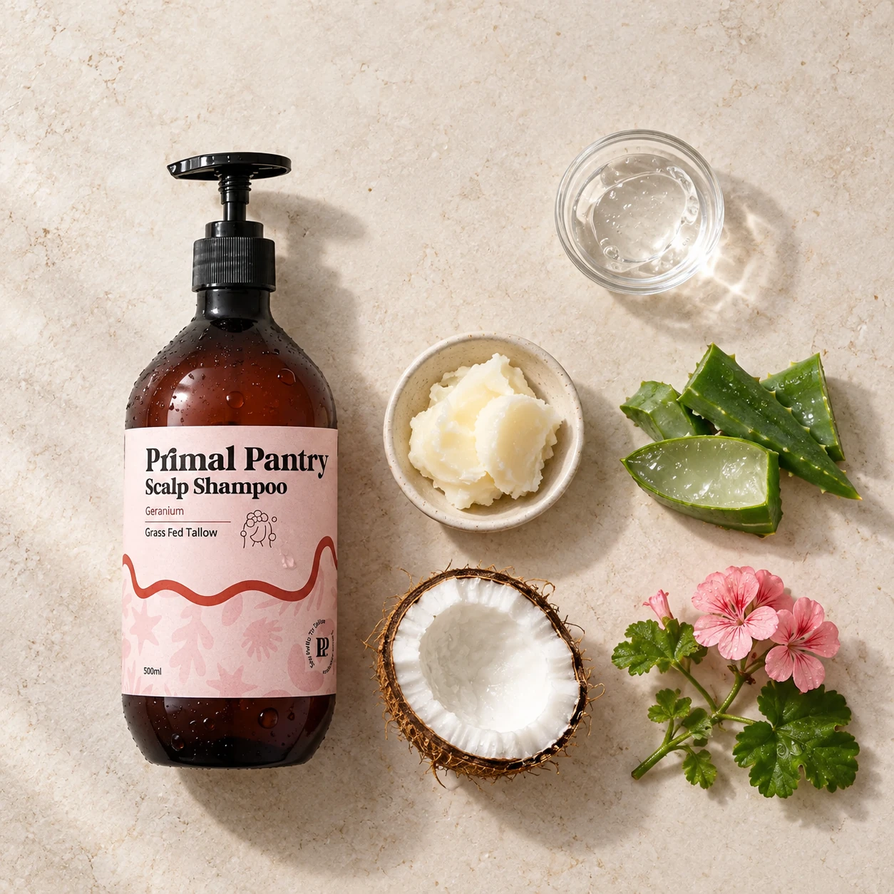 Liquid shampoo flatlay with NZ tallow, aloe vera, glycerine, coconut and geranium