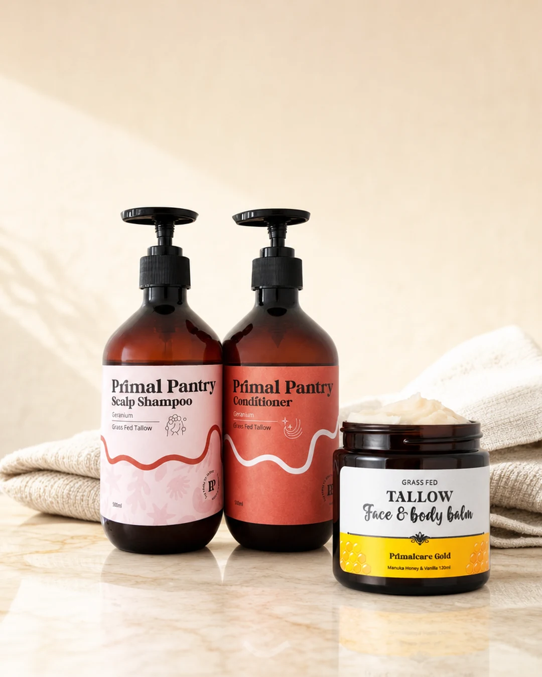 Tallow shampoo 500ml, conditioner 500ml and the Manuka & Vanilla Honey Balm 120ml