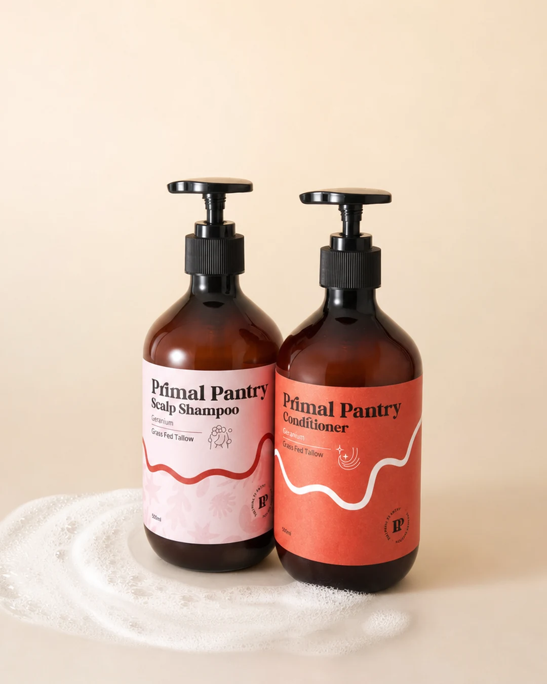 Tallow shampoo lather beside the bottles