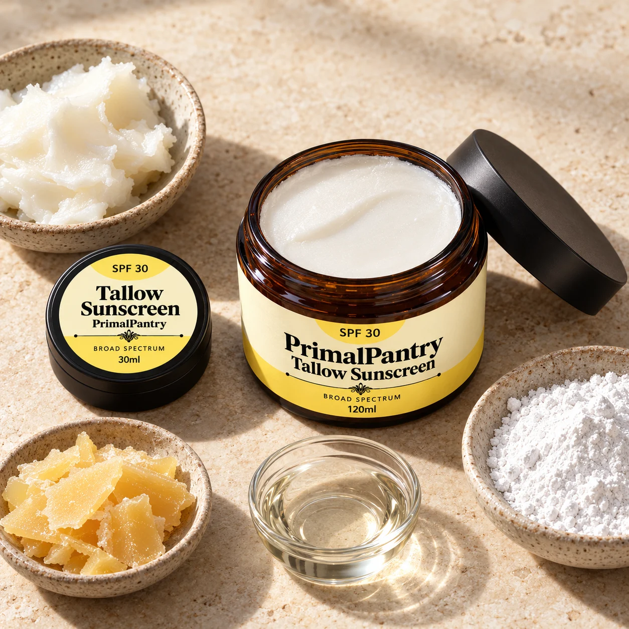 Tallow Sunscreen 120ml jar and 30ml tub with tallow, beeswax, oil and zinc oxide