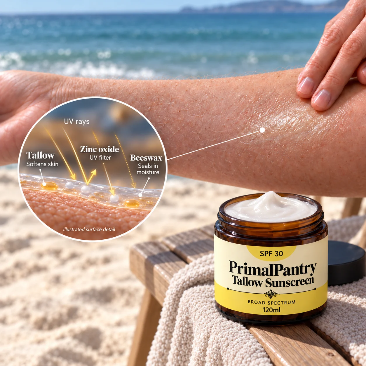 Sunscreen applied to an arm with an illustrated tallow, zinc oxide and beeswax surface detail