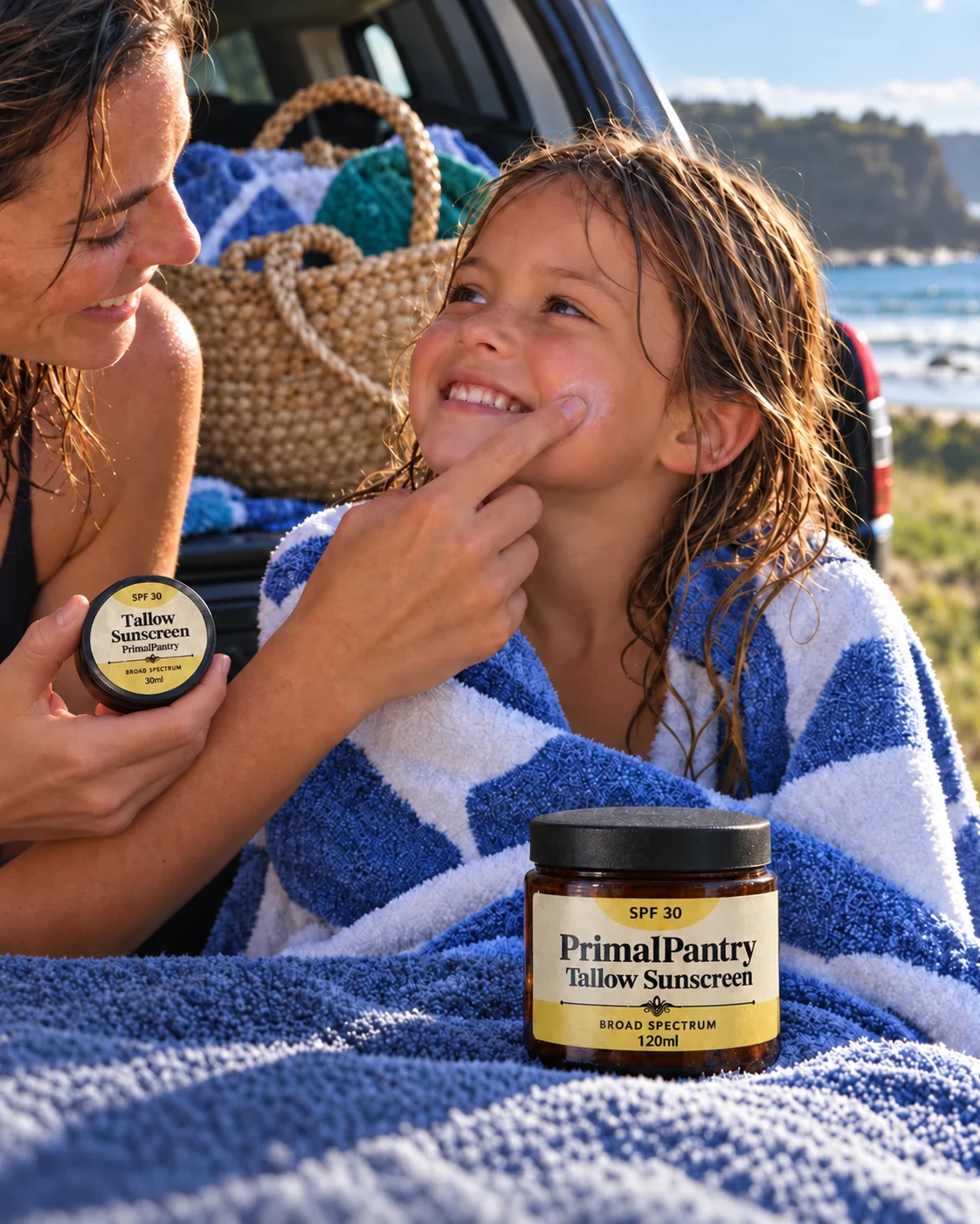 Mother applying Tallow Sunscreen to her child's cheek beside their beach bag
