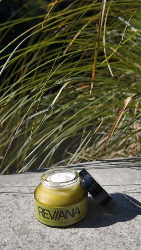 The Reviana day cream jar open on a stone wall in front of tussock grass